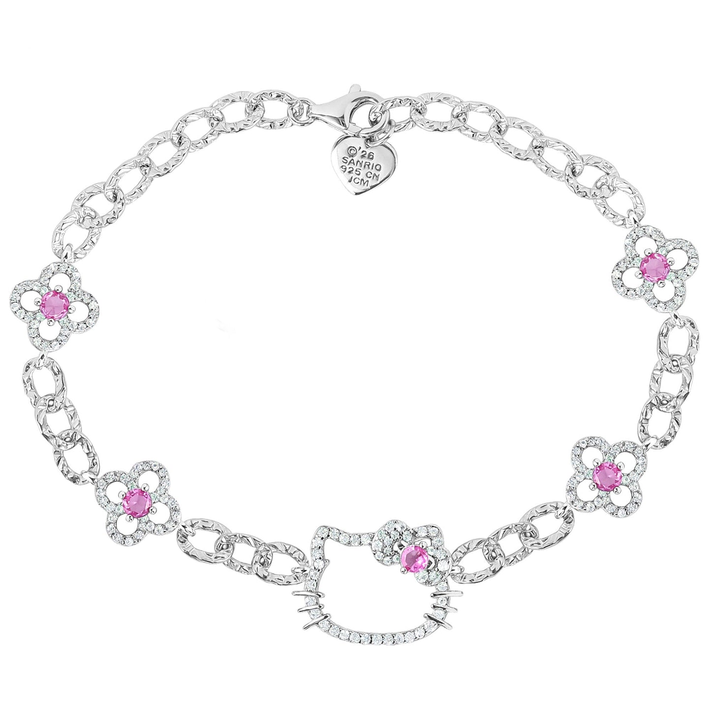 Hello Kitty Quatrefoil Sterling Silver Bracelet (Pink & White Sapphire)