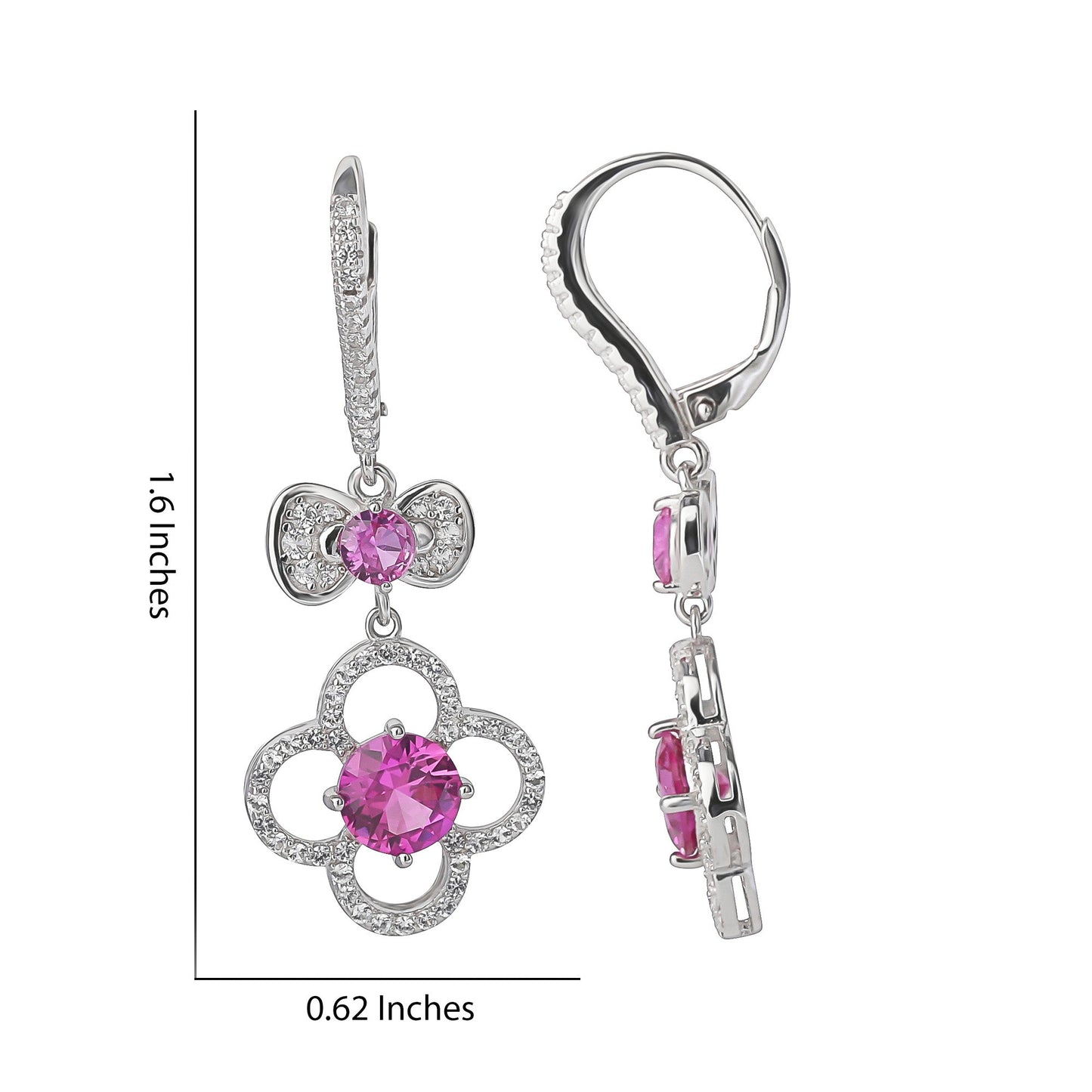 Hello Kitty Quatrefoil Sterling Silver Drop Earrings (Pink & White Sapphire)