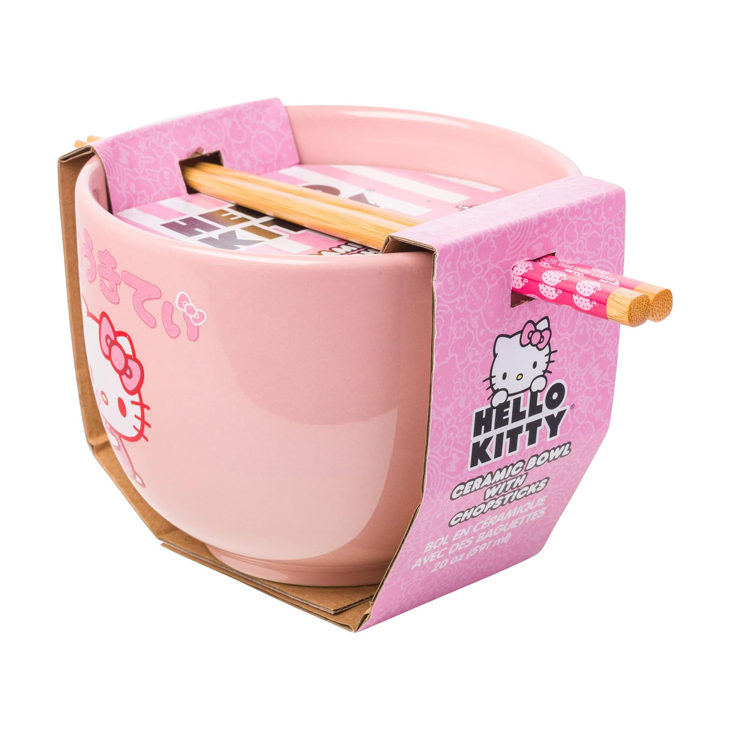Hello Kitty Ceramic Ramen Bowl and Chopstick Set (Strawberry Milk)