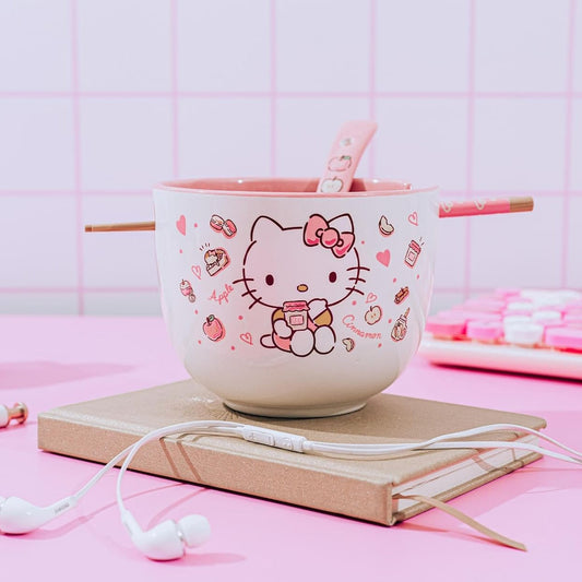 Hello Kitty Ceramic Ramen Bowl and Chopsticks/Spoon Set (Apples and Cinnamon)