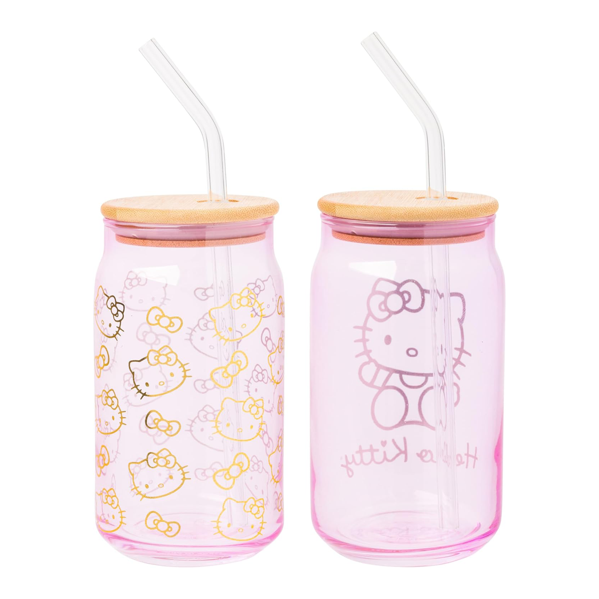 Hello Kitty Pink Glass Jar Tumblers with Bamboo Lid (Set of 2)
