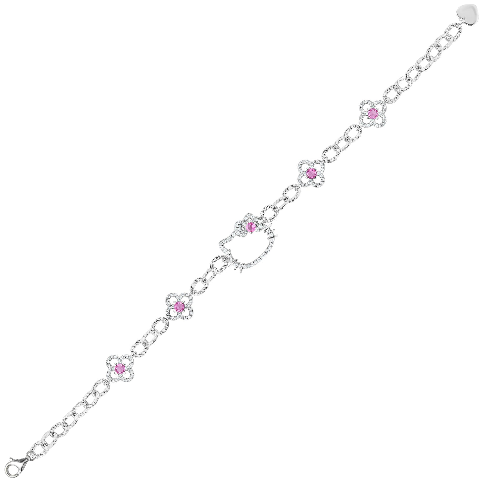 Hello Kitty Quatrefoil Sterling Silver Bracelet (Pink & White Sapphire)