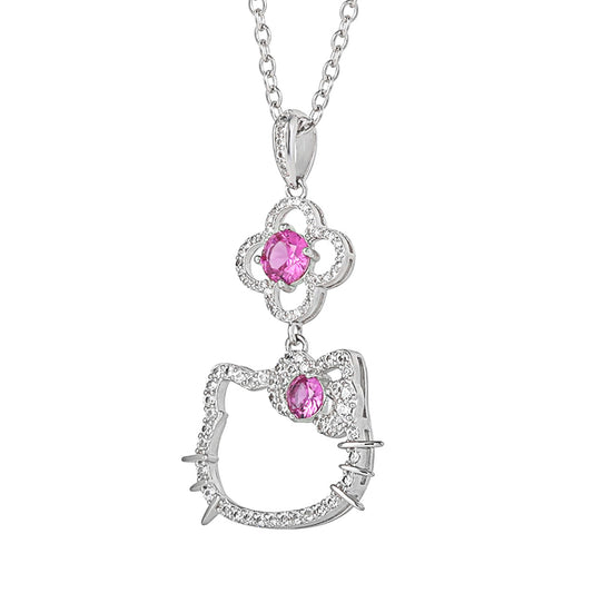 Hello Kitty 18" Quatrefoil Sterling Silver Pendant Necklace (Pink & White Sapphire)
