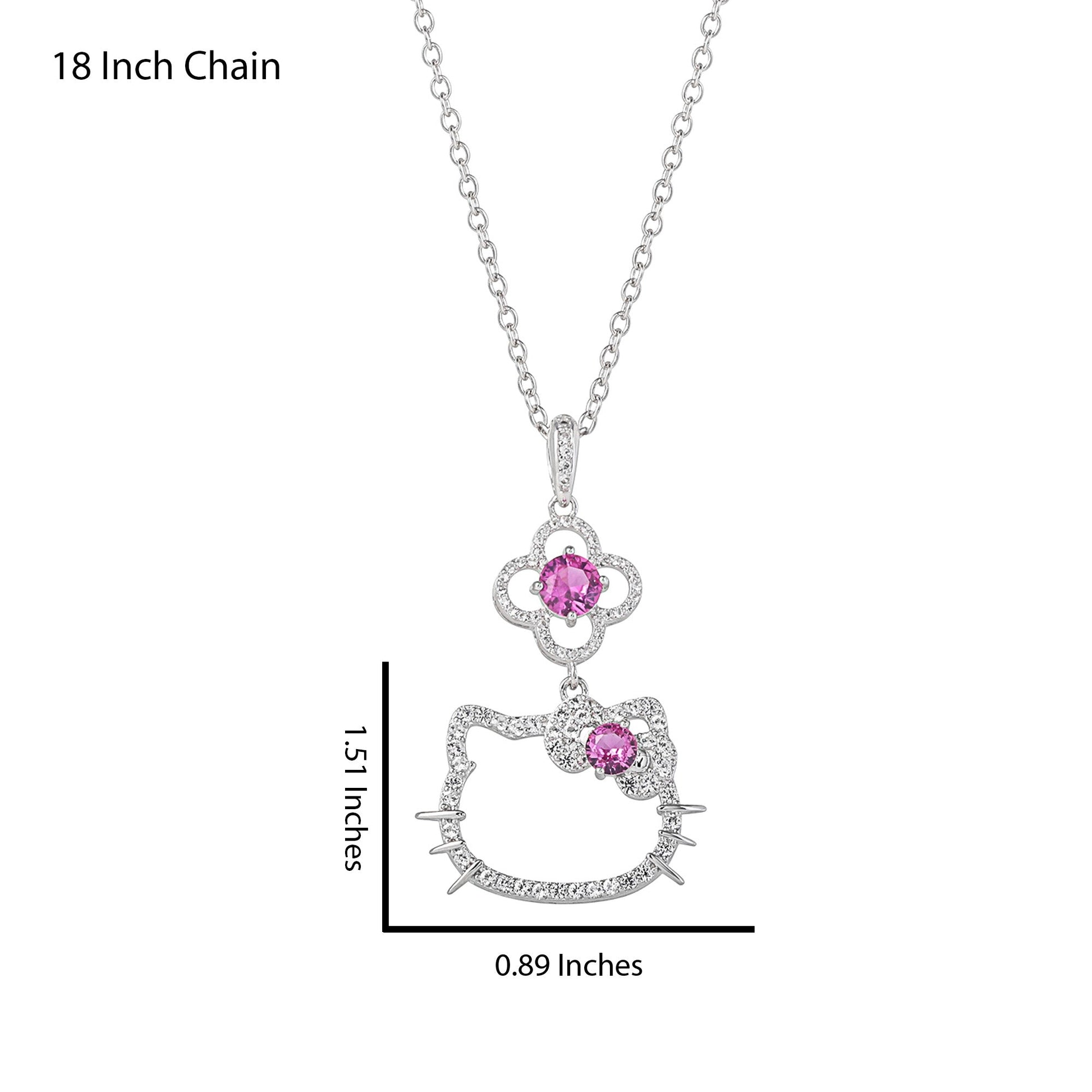 Hello Kitty 18" Quatrefoil Sterling Silver Pendant Necklace (Pink & White Sapphire)