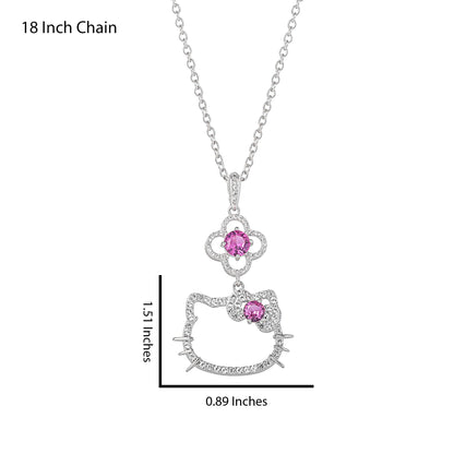 Hello Kitty 18" Quatrefoil Sterling Silver Pendant Necklace (Pink & White Sapphire)