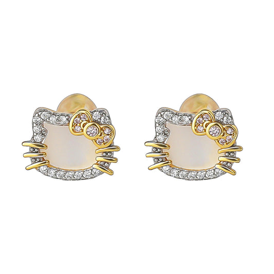 Hello Kitty Two-Tone Gold Plated Stud Earrings (Diamond & Mother of Pearl)