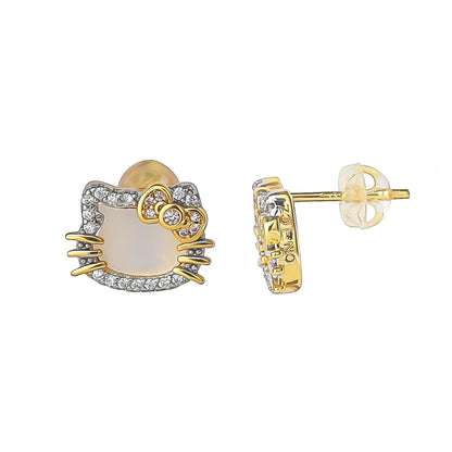 Hello Kitty Two-Tone Gold Plated Stud Earrings (Diamond & Mother of Pearl)