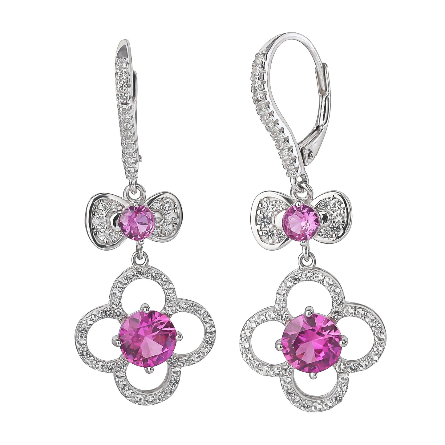 Hello Kitty Quatrefoil Sterling Silver Drop Earrings (Pink & White Sapphire)