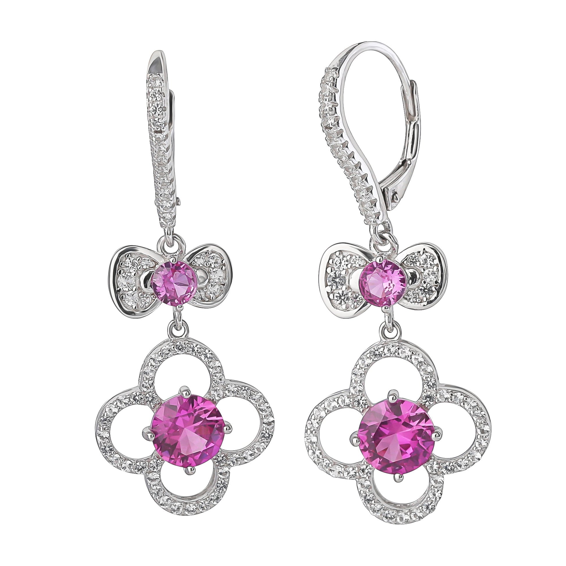 Hello Kitty Quatrefoil Sterling Silver Drop Earrings (Pink & White Sapphire)
