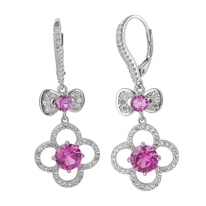 Hello Kitty Quatrefoil Sterling Silver Drop Earrings (Pink & White Sapphire)