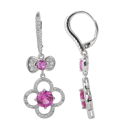 Hello Kitty Quatrefoil Sterling Silver Drop Earrings (Pink & White Sapphire)