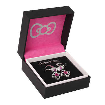 Hello Kitty Quatrefoil Sterling Silver Drop Earrings (Pink & White Sapphire)