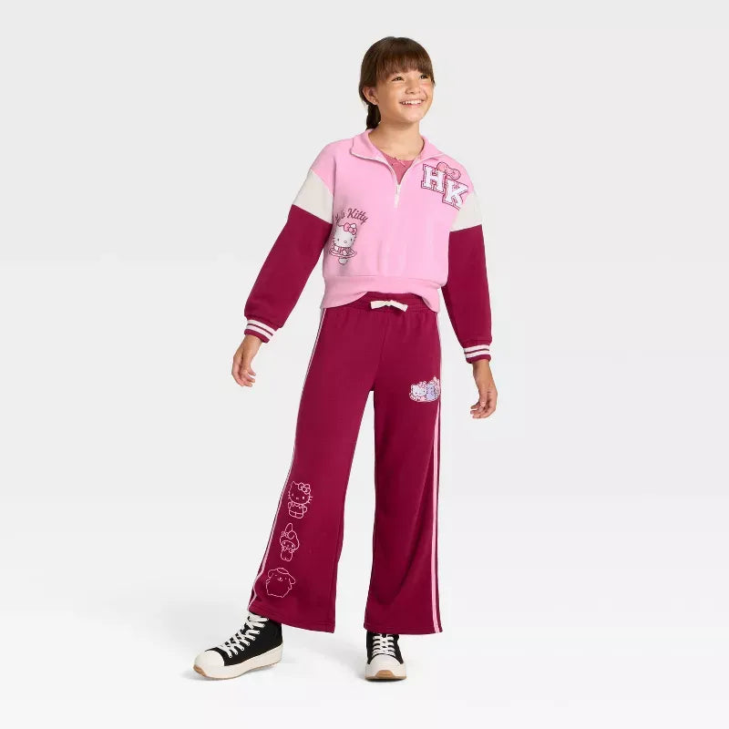 Hello Kitty Girls Quarter-Zip Fleece Varsity Sweatshirt
