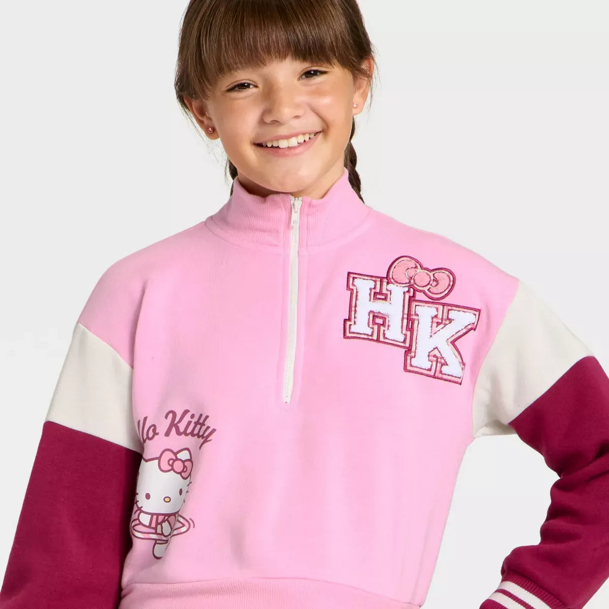 Hello Kitty Girls Quarter-Zip Fleece Varsity Sweatshirt