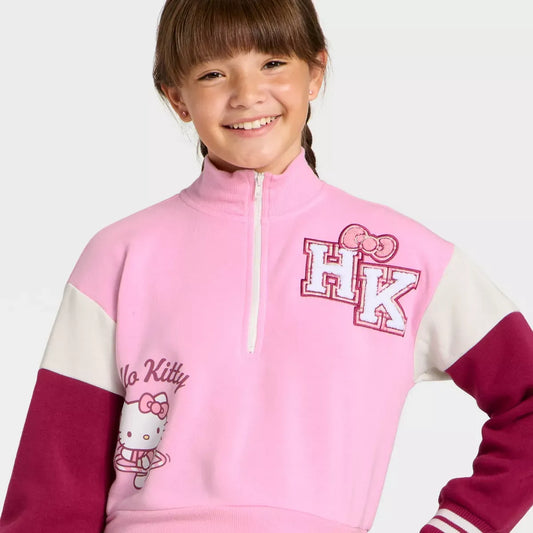 Hello Kitty Girls Quarter-Zip Fleece Varsity Sweatshirt