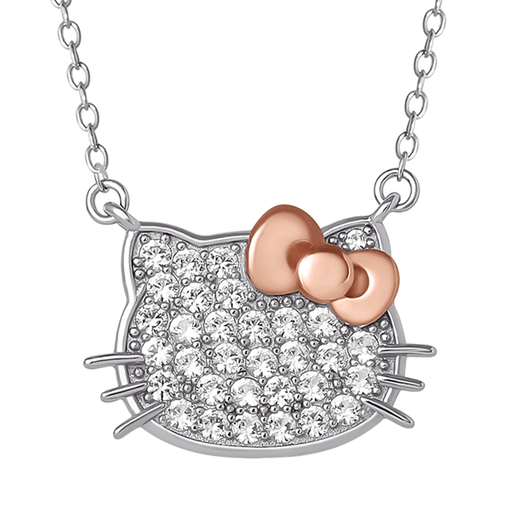 Hello Kitty 18" Two-Tone Gold Plated Pavé Necklace (White Sapphire)