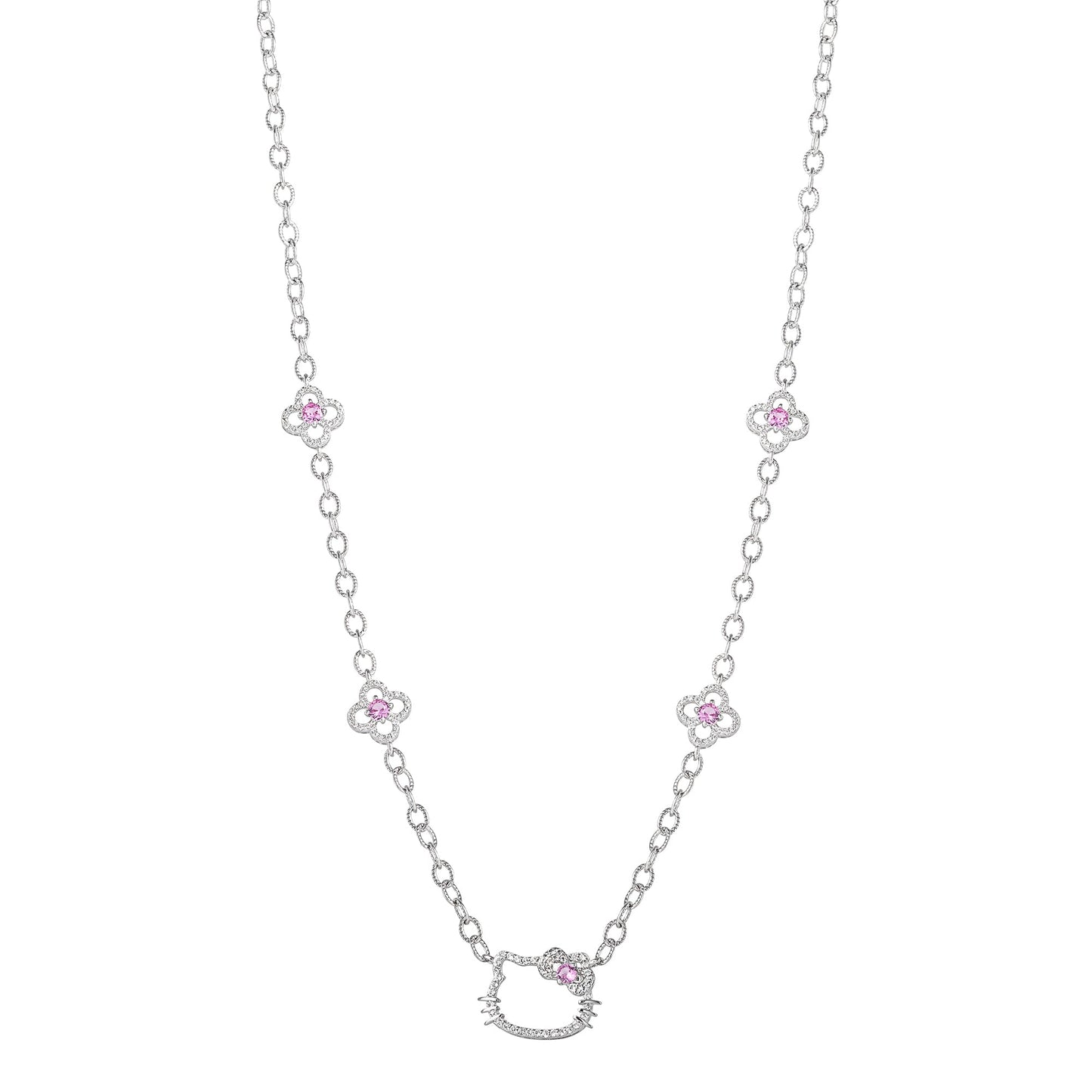 Hello Kitty 18" Quatrefoil Sterling Silver Drop Necklace (Pink & White Sapphire)