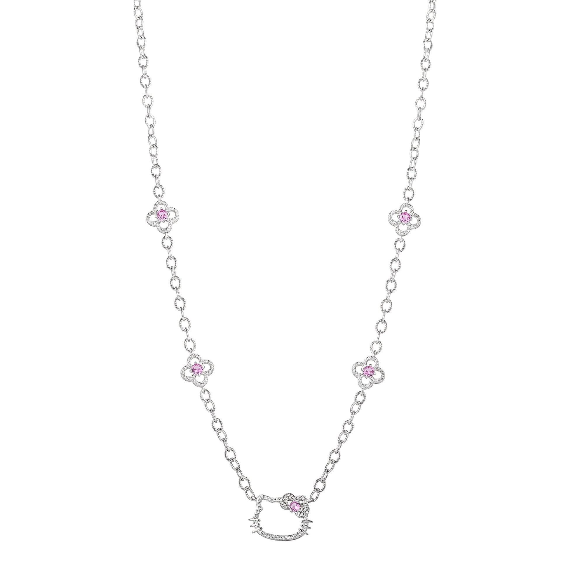 Hello Kitty 18" Quatrefoil Sterling Silver Drop Necklace (Pink & White Sapphire)