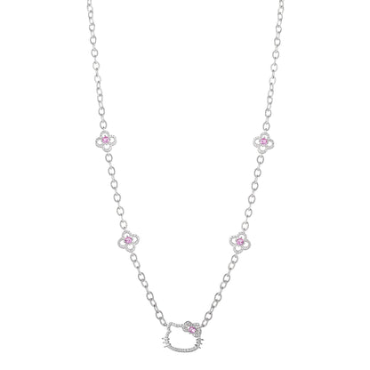 Hello Kitty 18" Quatrefoil Sterling Silver Drop Necklace (Pink & White Sapphire)