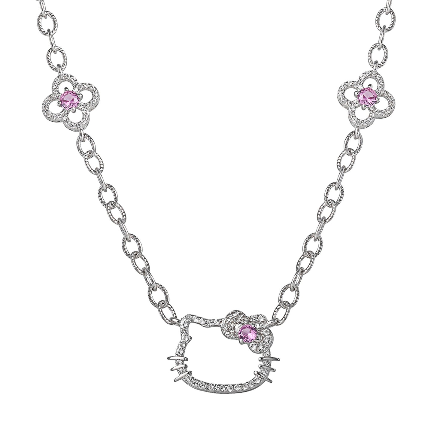 Hello Kitty 18" Quatrefoil Sterling Silver Drop Necklace (Pink & White Sapphire)